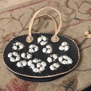 Vintage 1940s 40s Raffia Straw Charlot Purse Handbag w/Shells & Dangle P…